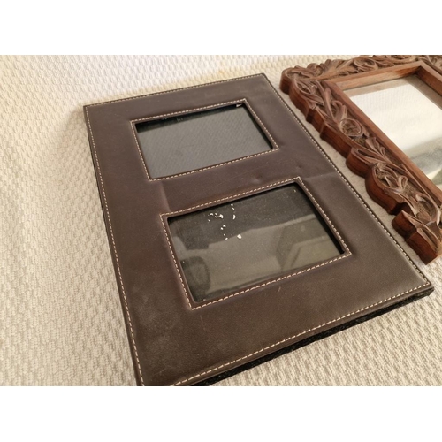 684 - Wall Mirror with Carved Wood Frame, (Approx. 25 x 30cm), Together with Leather Photo Frame and 2 x S... 