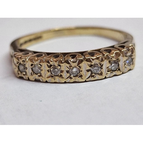 105B - 9ct Gold and 7-Diamond Ring, with 'Foot Prints' Engraved Shoulders, (Approx. Size: Q, 2.5g)