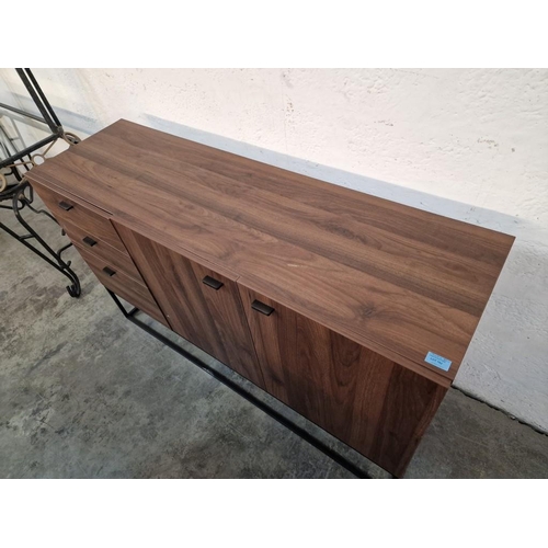 596y - Modern Walnut Colour Sideboard Over Black Metal Frame / Legs with Cream Colour Sides, 3 Drawers and ... 