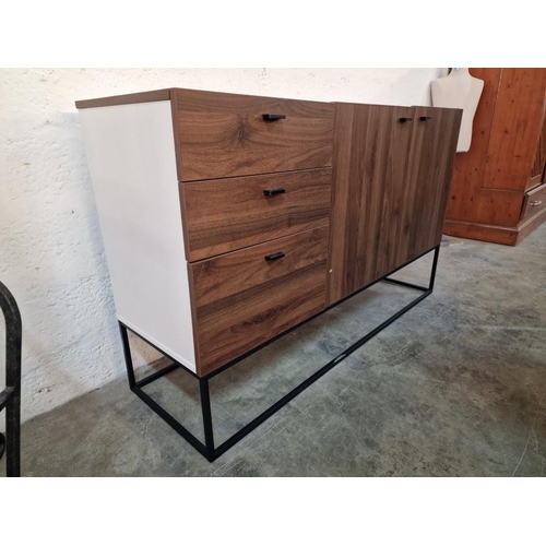 596y - Modern Walnut Colour Sideboard Over Black Metal Frame / Legs with Cream Colour Sides, 3 Drawers and ... 