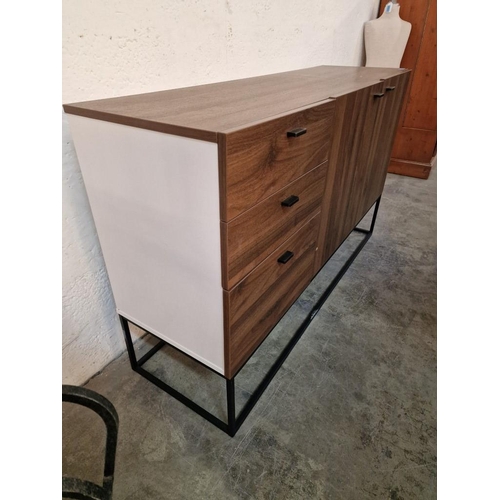 596y - Modern Walnut Colour Sideboard Over Black Metal Frame / Legs with Cream Colour Sides, 3 Drawers and ... 