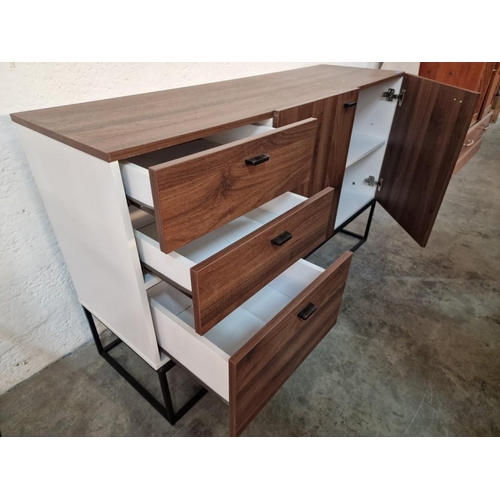 596y - Modern Walnut Colour Sideboard Over Black Metal Frame / Legs with Cream Colour Sides, 3 Drawers and ... 