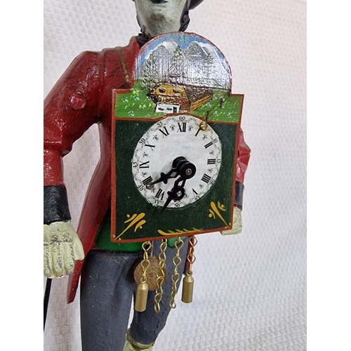 10 - Cast Iron Peddler Clock; Male Figure with Top Hat and Cane, Standing (Approx. H:41cm) with Key Wound... 