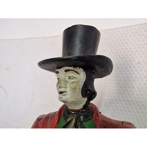 10 - Cast Iron Peddler Clock; Male Figure with Top Hat and Cane, Standing (Approx. H:41cm) with Key Wound... 