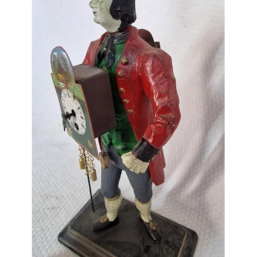 10 - Cast Iron Peddler Clock; Male Figure with Top Hat and Cane, Standing (Approx. H:41cm) with Key Wound... 