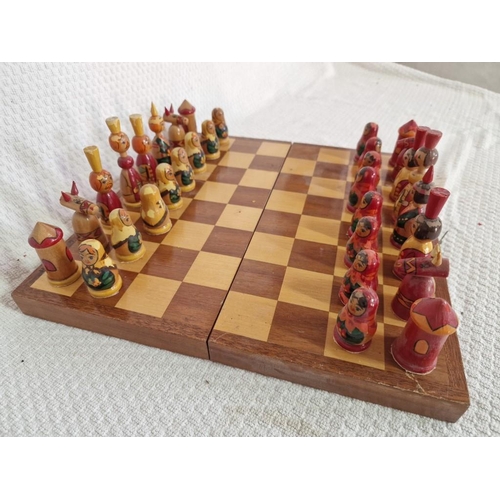 20 - Folding Wooden Chess Board with Set of Oriental Style Chess Pieces, (Approx. Board: 32cm, King: 8.5c... 