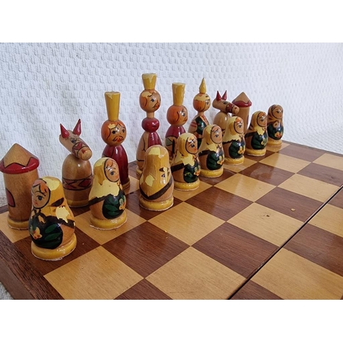 20 - Folding Wooden Chess Board with Set of Oriental Style Chess Pieces, (Approx. Board: 32cm, King: 8.5c... 