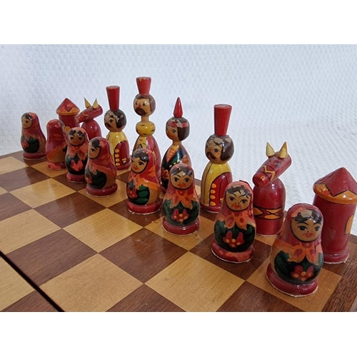 20 - Folding Wooden Chess Board with Set of Oriental Style Chess Pieces, (Approx. Board: 32cm, King: 8.5c... 