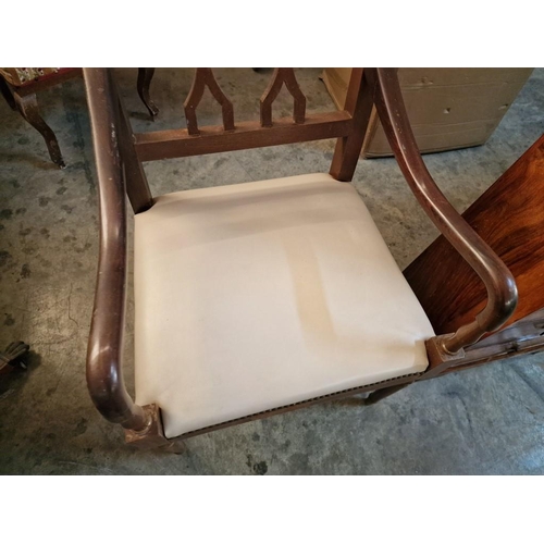 268 - Antique Style Wooden Armchair with Carved Back Rest and Studded Padded White Vinyl Seat, Over Turned... 