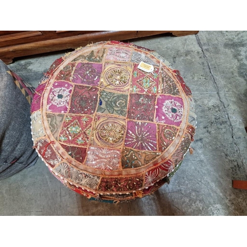 274 - Handmade Boho Style Embroidered Round Footstool, (Approx. Ø: 60cm), Together with Other Grey Square ... 