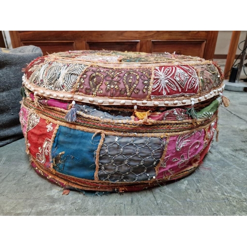 274 - Handmade Boho Style Embroidered Round Footstool, (Approx. Ø: 60cm), Together with Other Grey Square ... 