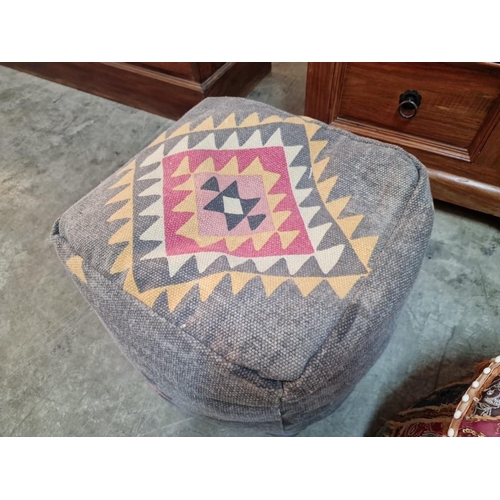 274 - Handmade Boho Style Embroidered Round Footstool, (Approx. Ø: 60cm), Together with Other Grey Square ... 