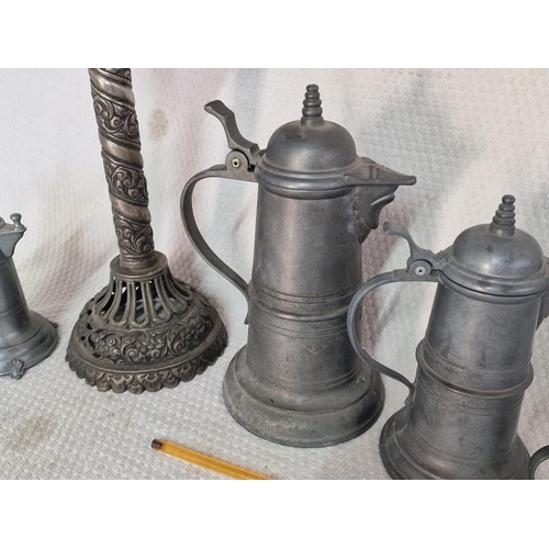 34 - Graduating Set of Pewter Lidded Jugs (one missing base), Plus another Similar and White Metal Lamp (... 