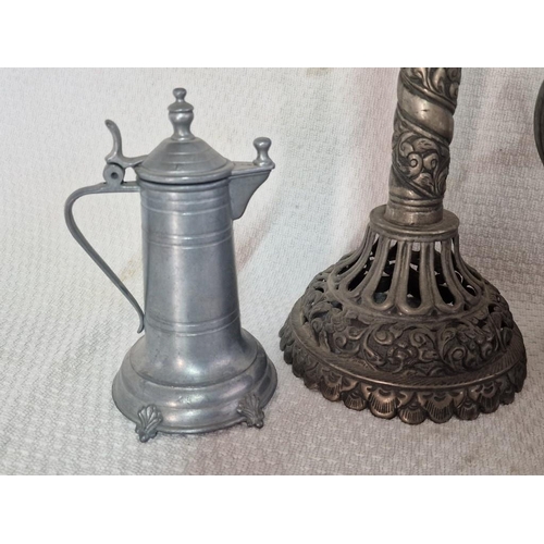 34 - Graduating Set of Pewter Lidded Jugs (one missing base), Plus another Similar and White Metal Lamp (... 