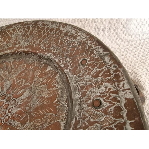 275 - Large Antique Decorative Engraved Copper Plate with Twin Handles, (Approx. Ø: 45cm)