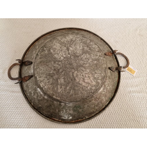 275 - Large Antique Decorative Engraved Copper Plate with Twin Handles, (Approx. Ø: 45cm)