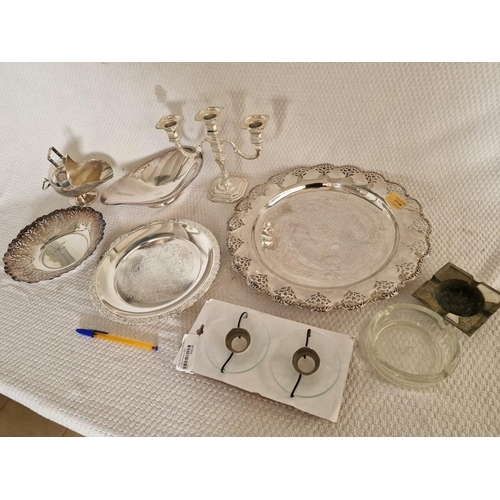 280 - Collection of Silver Plated and White Metal Tableware; Decorative Trays, Pierced Bowl, 3-Arm Candle ... 