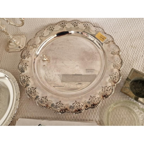 280 - Collection of Silver Plated and White Metal Tableware; Decorative Trays, Pierced Bowl, 3-Arm Candle ... 