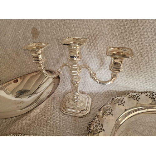 280 - Collection of Silver Plated and White Metal Tableware; Decorative Trays, Pierced Bowl, 3-Arm Candle ... 