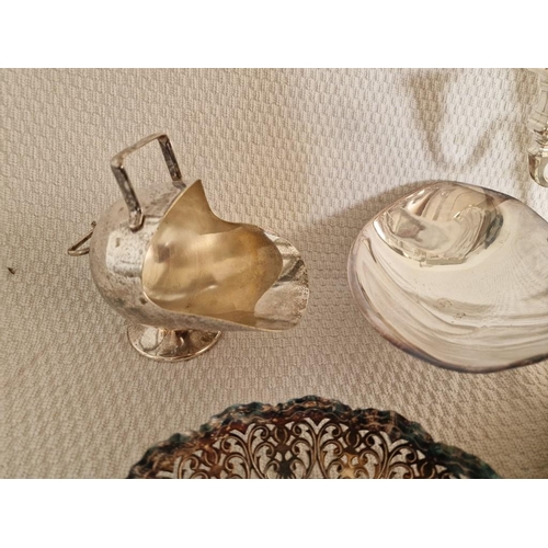 280 - Collection of Silver Plated and White Metal Tableware; Decorative Trays, Pierced Bowl, 3-Arm Candle ... 