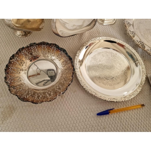 280 - Collection of Silver Plated and White Metal Tableware; Decorative Trays, Pierced Bowl, 3-Arm Candle ... 