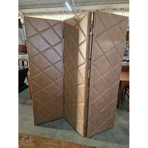 288 - Large / Heavy Studded Tan Leather Effect 3-Part Folding Screen or Room Divider, (Approx. 60 x 196cm ... 