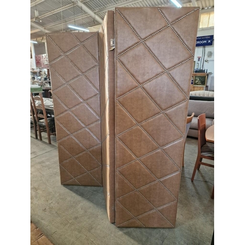 288 - Large / Heavy Studded Tan Leather Effect 3-Part Folding Screen or Room Divider, (Approx. 60 x 196cm ... 