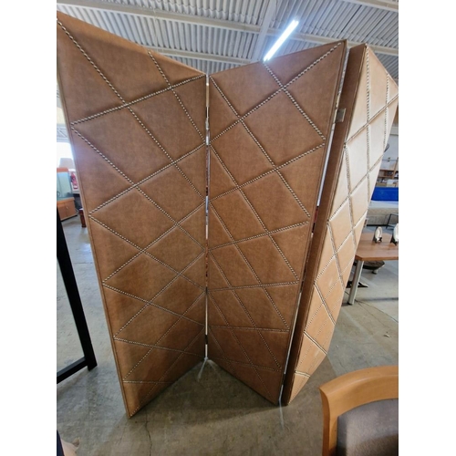 288 - Large / Heavy Studded Tan Leather Effect 3-Part Folding Screen or Room Divider, (Approx. 60 x 196cm ... 