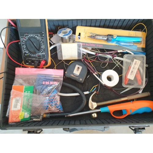 240 - Assortment of electrical tools including multimeter, soldering iron, solder etc in hard shell carry ... 