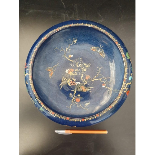 333 - four footed Crown pottery Bursley ware blue coloured bowl with hand painted trim/pattern