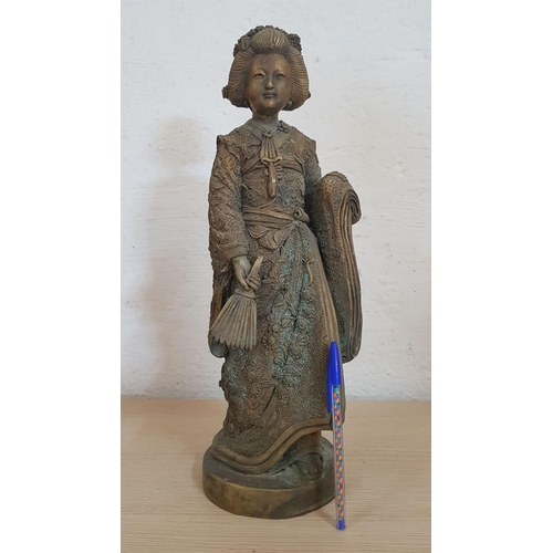 135 - Late 20th Century Brass (?) Statuette Representing a Geisha, (Approx. H: 43cm), Kimono Has Intricate... 