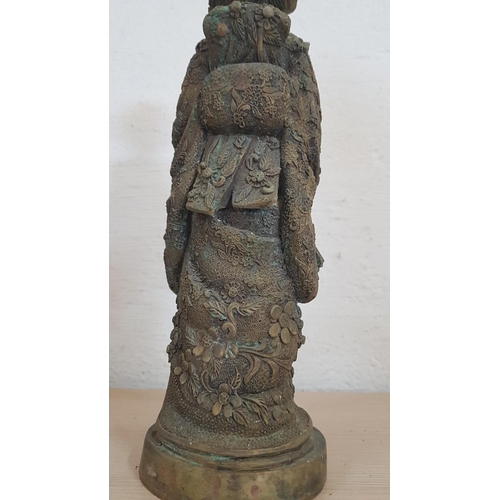 135 - Late 20th Century Brass (?) Statuette Representing a Geisha, (Approx. H: 43cm), Kimono Has Intricate... 