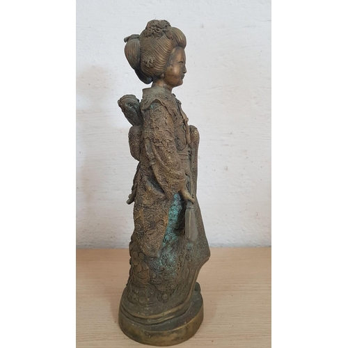 135 - Late 20th Century Brass (?) Statuette Representing a Geisha, (Approx. H: 43cm), Kimono Has Intricate... 