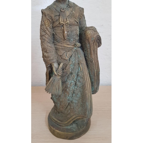 135 - Late 20th Century Brass (?) Statuette Representing a Geisha, (Approx. H: 43cm), Kimono Has Intricate... 