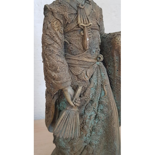 135 - Late 20th Century Brass (?) Statuette Representing a Geisha, (Approx. H: 43cm), Kimono Has Intricate... 