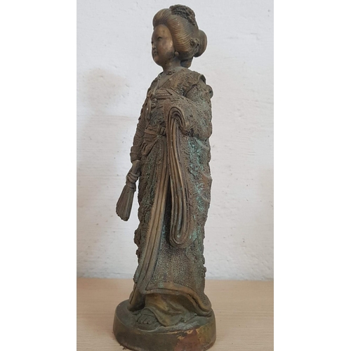 135 - Late 20th Century Brass (?) Statuette Representing a Geisha, (Approx. H: 43cm), Kimono Has Intricate... 