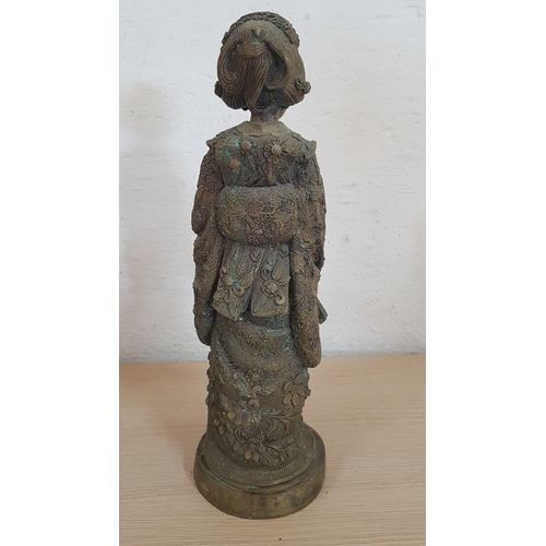 135 - Late 20th Century Brass (?) Statuette Representing a Geisha, (Approx. H: 43cm), Kimono Has Intricate... 