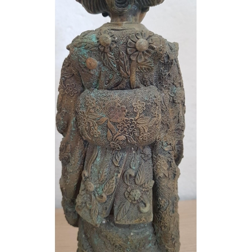 135 - Late 20th Century Brass (?) Statuette Representing a Geisha, (Approx. H: 43cm), Kimono Has Intricate... 