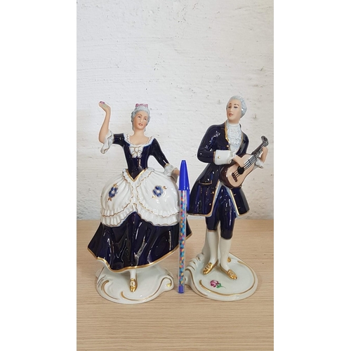 140 - Royal Dux Vintage Rococo Style Figurines of Lady Dancer (H: 21cm), and Man Playing Guitar (H: 22cm, ... 