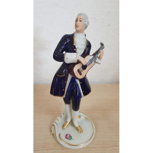 140 - Royal Dux Vintage Rococo Style Figurines of Lady Dancer (H: 21cm), and Man Playing Guitar (H: 22cm, ... 