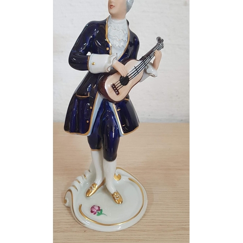 140 - Royal Dux Vintage Rococo Style Figurines of Lady Dancer (H: 21cm), and Man Playing Guitar (H: 22cm, ... 