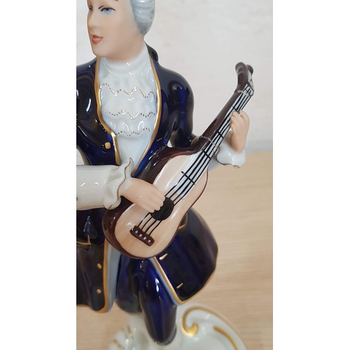 140 - Royal Dux Vintage Rococo Style Figurines of Lady Dancer (H: 21cm), and Man Playing Guitar (H: 22cm, ... 