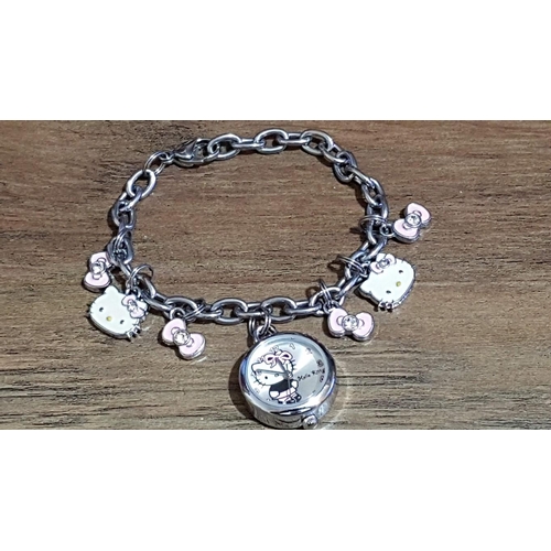 150 - Silver Tone Bracelets; 'Hello Kitty' with Watch Charm, and Charm Locket with Blue Stone Bracelet