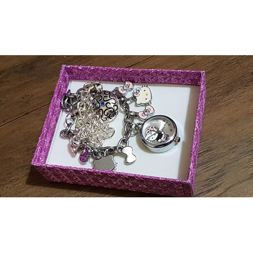 150 - Silver Tone Bracelets; 'Hello Kitty' with Watch Charm, and Charm Locket with Blue Stone Bracelet