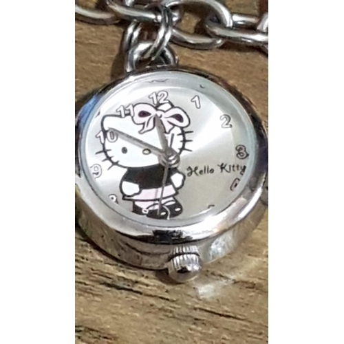 150 - Silver Tone Bracelets; 'Hello Kitty' with Watch Charm, and Charm Locket with Blue Stone Bracelet