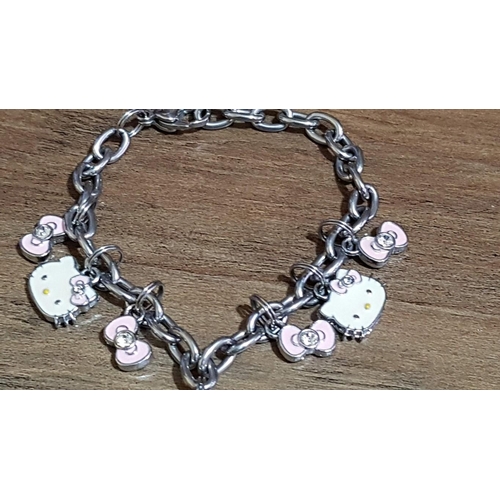 150 - Silver Tone Bracelets; 'Hello Kitty' with Watch Charm, and Charm Locket with Blue Stone Bracelet