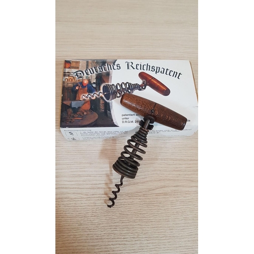 181 - Spring Loaded Corkscrew, Retro Design, Made in Germany, with Mahogany Style Handle and Original Box