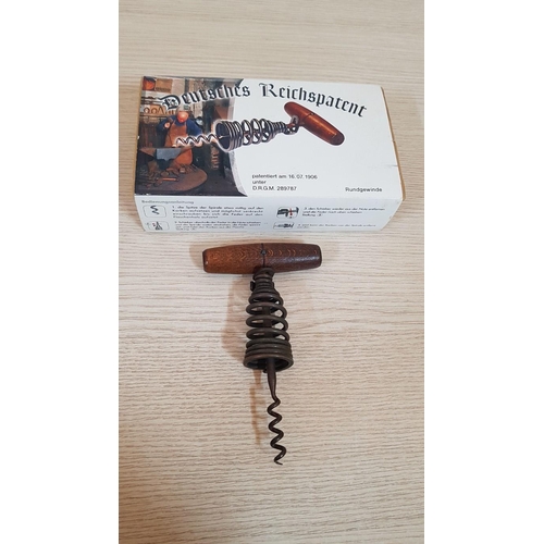 181 - Spring Loaded Corkscrew, Retro Design, Made in Germany, with Mahogany Style Handle and Original Box