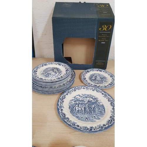 187 - 'Royal Wessex' 30 Pieces Dinner Service, Vintage Style, Blue & White with Hunting Pattern; 6 x Cups ... 