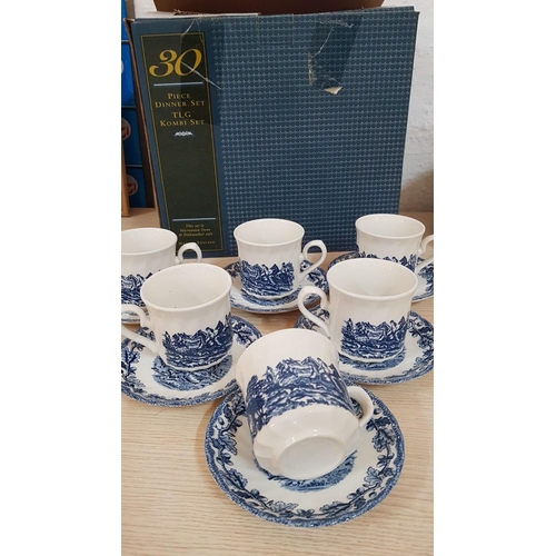 187 - 'Royal Wessex' 30 Pieces Dinner Service, Vintage Style, Blue & White with Hunting Pattern; 6 x Cups ... 